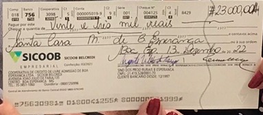 Santa Casa de Misericórdia de Boa Esperança recebeu a visita do Presidente do SINDIBOA - Sindicato dos Produtores Rurais de Boa Esperança, Romeu Ângelo Atíllio Messora, que veio entregar em mãos o cheque no valor de R$23.000,00